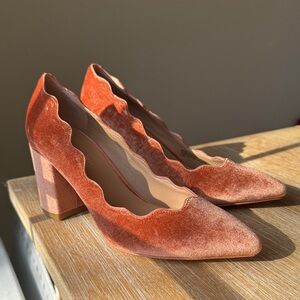 Anthropologie Velvet Scalloped Heels in Rust